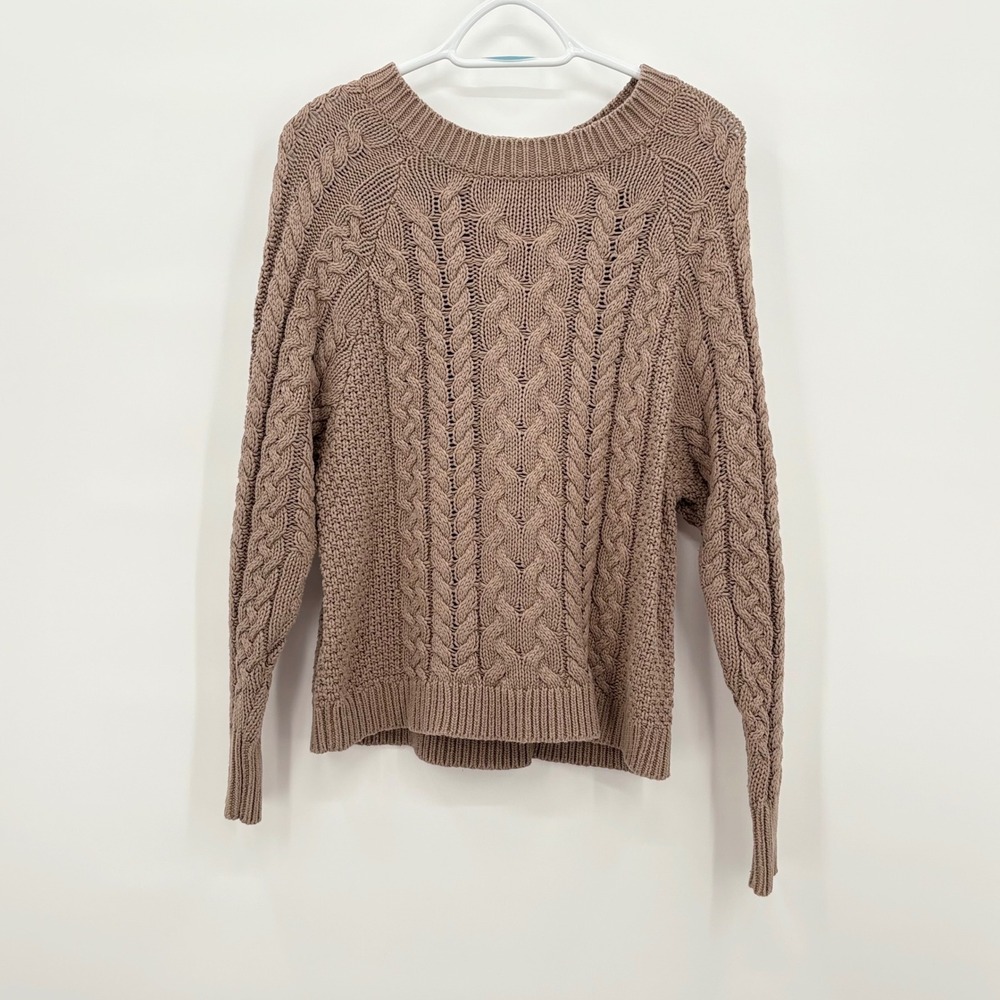 Aerie Womens Cable Knit Sweater Taupe Brown Crew Neck Raglan‎ Cotton Blend S